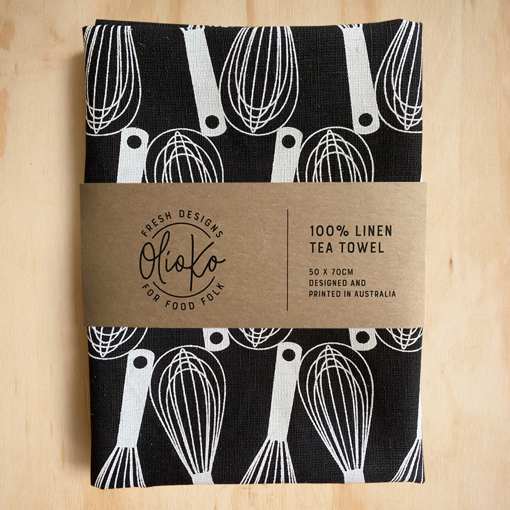 TEA TOWEL: 100% LINEN - WHISKS - WHITE ON BLACK