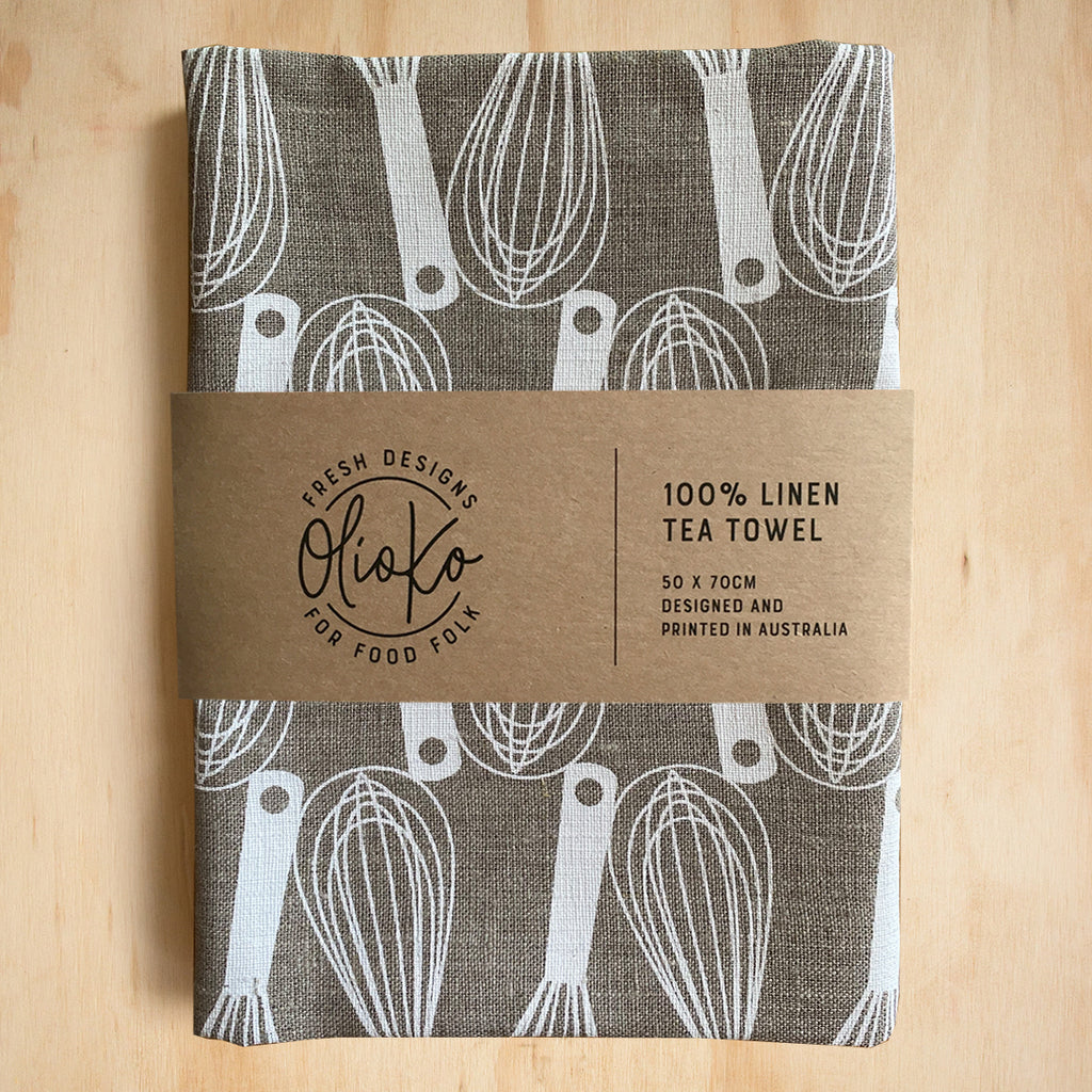 TEA TOWEL: 100% LINEN - WHISKS - WHITE ON FLAX